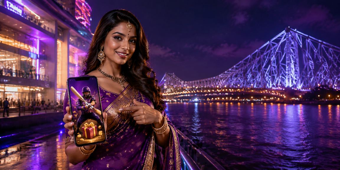 Kolkata Howrah Bridge illuminated at night with cricket betting theme