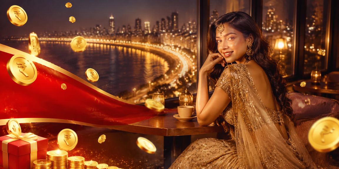Festive promotion banner with happy Indian woman and Mumbai skyline